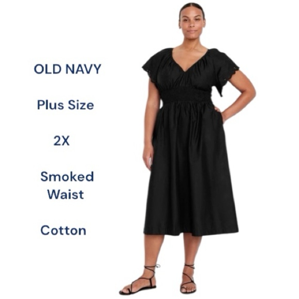 Old Navy Black Waist-Defined Midi Dress Smocked Embroidered Sleeve Plus Size 2X